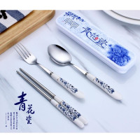罗曼达LMD-QHC-007青花瓷不锈钢餐具三件套