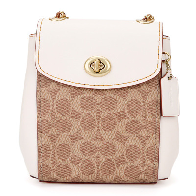 COACH 蔻驰 奢侈品 女士经典标志涂层帆布配皮双肩包棕白拼色书包出游包69650 B4NQ5