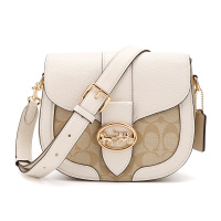 COACH 蔻驰 奢侈品 女士经典时尚马车标卡其拼白色PVC配皮单肩斜挎马鞍包 C2806 IMDQC