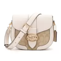 COACH 蔻驰 奢侈品 女士经典时尚马车标卡其拼白色PVC配皮单肩斜挎马鞍包 C2806 IMDQC