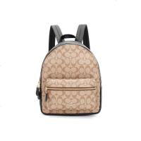 COACH 蔻驰 品 女士中号卡其拼色logo款人造革双肩包书包旅行包女礼物送女友礼物 卡其浅粉