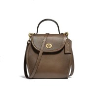 蔻驰 COACH 品 女士专柜款皮革弧线顶部手提单肩斜挎包小号咖绿色 128 B4QS0