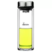 希诺(HEENOOR)双层玻璃杯隔热加厚男士水杯耐热防烫带盖泡茶杯子XN-9309本色 375ml