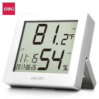 得力(deli) LCD带时间闹钟电子温湿度计 室内温湿度表 办公用品 白色8813