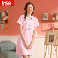 红豆居家春夏款女士V领短袖裙可爱印花休闲风家居睡裙