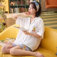 俞兆林夏季新款印花冰丝睡衣短袖女士V领开衫仿真丝绸家居服大码可外穿家居服套装