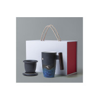 古时候瓷器茶具 水涧麋鹿 黑蓝陶 手提盒