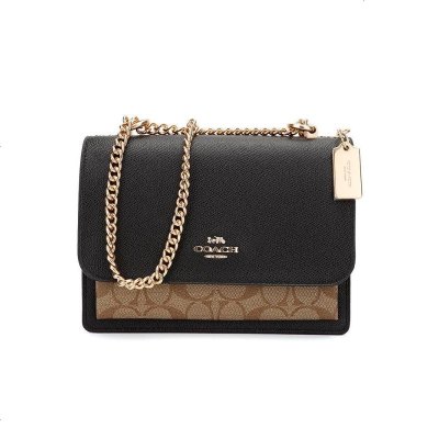 蔻驰 COACH 奢侈品 女士黑色卡其拼棕红色PVC配皮单肩斜跨小方包 90400 IME7V礼物 黑色拼卡其