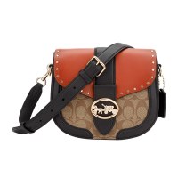 蔻驰新款COACH奢侈品女士卡其拼色PVC配皮单肩斜挎马鞍包礼物C3593 IMRL7