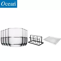 ocean进口无铅玻璃杯水杯牛奶饮料果汁茶杯子6只矮杯配水杯架配托盘套装组合
