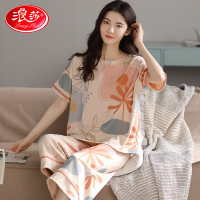 浪莎100%纯棉睡衣女夏季套装ins宽松七分裤短袖家居服可爱可外穿