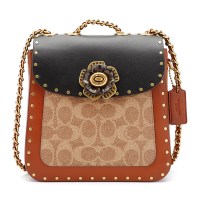 蔻驰COACH奢侈品女士专柜款黑色拼色涂层帆布配皮铆钉款山茶花单双肩包出游包 C2463 B4NQ4