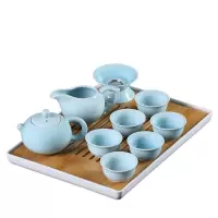 苏氏陶瓷整套陶瓷功夫茶具套装茶杯便携竹制干泡茶盘储水茶台茶道 天青