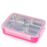 方餐盒 饭盒中小学生餐盒便当盒分格餐盘保温带盖密封便携 三格粉透明