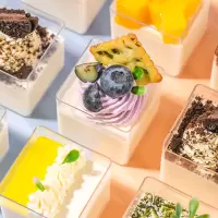 一次性布丁杯烘焙模具方形慕斯果冻提拉米苏YFB005透明注塑杯50个