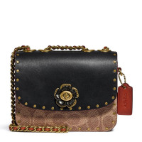 COACH蔻驰女包专柜款MADISON系列涂层帆布配皮卡其黑山茶花迷你单肩斜挎包礼物送礼物C2462 B4NQ4