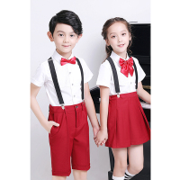 三清 学生演出服 四件套 女生:衬衫 裙子 黑色背带 红色领花 男童:衬衫 裤子 黑色背带 红色领结