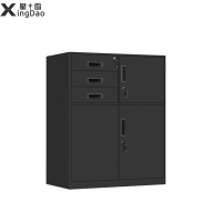 星岛钢制文件柜矮柜铁皮办公室柜床头收纳柜档案抽屉柜带锁资料储物柜三门下节黑色