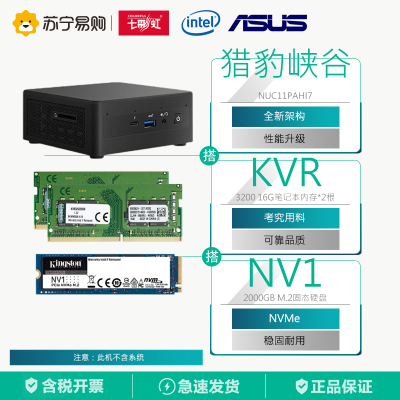 英特尔猎豹峡谷NUC11PAHi7厚款不带系统+2根金士顿KVR DDR4 3200 16G笔记本内存条+2000GB SSD NV1固态硬盘