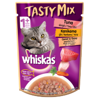 伟嘉进口成猫宠物零食妙鲜包吞拿鱼蟹柳棒及胡萝卜软包罐头70g