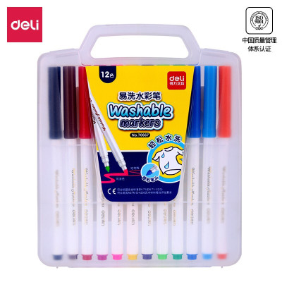 得力(deli) 易水洗水彩笔绘画笔儿童舒适圆杆学生画画涂鸦笔套装12色/盒