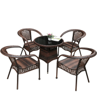 户外庭院休闲藤椅茶桌组合 80CM黑玻璃圆桌+4张藤椅