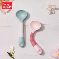 babycare宝宝学吃饭训练勺子喝汤弯头婴儿辅食勺自主进食儿童餐具[2支装]静谧蓝&珀尔里粉