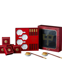 清朴堂(qingputang) 中秋大吉筷碟套装 (禧福红木筷×4双 禧福葫芦蘸碟×4只 华美蛋黄莲蓉月饼50g×5)