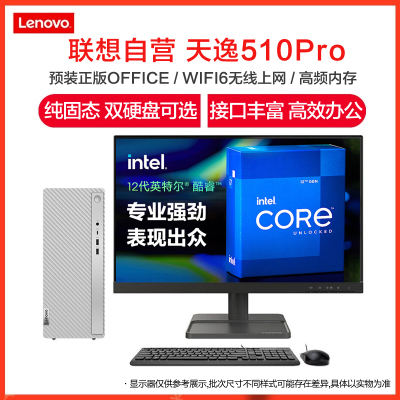 联想(Lenovo)天逸510Pro 12代酷睿分体机台式电脑 (i5/16G/1T+256G/集显/19.5) 定制 商务办公学习个人家用企业采购台式机