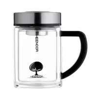 希诺双层玻璃杯带盖过滤办公室高档泡茶杯 手柄创意便携玻璃水杯子XN-6721.435ML