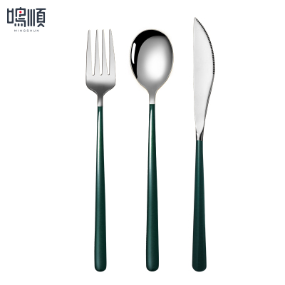 鸣顺304西餐牛排刀叉勺餐具套装家用两件三件套网红简约切牛排不锈钢餐具ins风小轻奢吃牛排主餐刀叉 绿银3件套