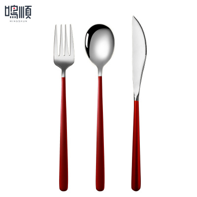 鸣顺304西餐牛排刀叉勺餐具套装家用两件三件套网红简约切牛排不锈钢餐具ins风小轻奢吃牛排主餐刀叉 红银3件套