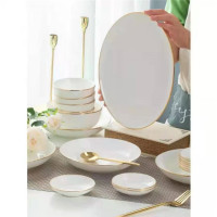 北欧简约餐具菜盘子碗筷创意西餐盘饭碗筷汤面碗套碗盘碟子日式厨具餐盘碗具 60件方形金镶玉礼盒装 新