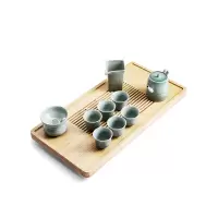 領藝 家用功夫茶具小茶台竹制茶托盘简约小型茶海侧把泡茶壶套装 青灰茶具配帘竹茶盘