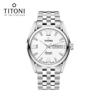 Titoni瑞士梅花表男自动机械手表空中霸王系列罗马表钢带93709S-385