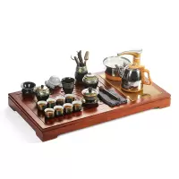 領藝 古韵功夫茶具套装家用整套陶瓷鎏金堆花泡茶器实木茶盘四合一带电器