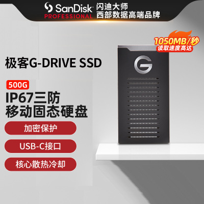 闪迪大师G-Technology500G移动固态硬盘(PSSD)传输速度1050MB/S IP67等级三防保护