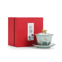 領藝 优选汝窑盖碗茶杯陶瓷三才茶碗大号功夫茶具单品描金祥鹤景德镇风格中式茶礼
