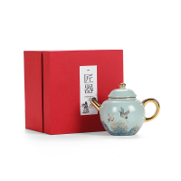 領藝 优选汝窑茶壶功夫茶具小号单品陶瓷泡茶壶手工描金祥鹤景德镇风格中式茶礼