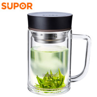 苏泊尔玻璃杯410ml大容量商务办公耐热水杯不锈钢滤网逸系列 双层高硼硅玻璃儒雅黑410ml KC41AH1