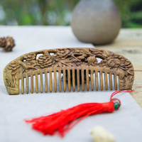 周广胜 天然绿檀木梳子防静电木梳按摩头梳子 檀香梳 礼品礼物 梅兰竹菊款宽齿