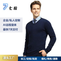七梭 男士V领100%羊毛衫秋冬休闲保暖打底衫藏青色