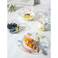 亿嘉耐热玻璃碗盘小清新餐具套装家用碗碟组合沙拉碗餐具菜盘[小清新花卉杯]