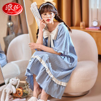 浪莎睡裙女士夏季睡衣薄款少女公主风纯色棉质时尚蝴蝶结款花边家居服