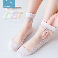 英国candynut儿童袜子女童夏季薄款舞蹈袜中大童可爱水晶袜百搭女孩学生短袜5双装 点点爱心 脚长16-18cm 6-