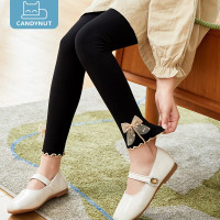 英国candynut儿童打底裤女童春秋薄款高弹力舒适蕾丝花边宝宝可外穿百搭裤子 黑色-蕾丝蝴蝶结 160(建议身高150