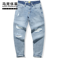 马克华菲牛仔裤男2022春季新款街头潮流潮牌做旧破洞春夏直筒裤子