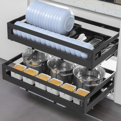 拜隆拉蓝厨房不锈钢抽屉式阻尼双层调味料拉篮橱柜置物架沥水碗碟