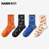 耐尔中筒袜男士棉高帮街头潮牌袜子白色字母甜甜圈运动防臭长袜