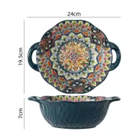 波西米亚家用烤盘手柄碗餐具套装高颜值饭碗双耳汤碗盘子绿波斯双耳碗汤碗1036